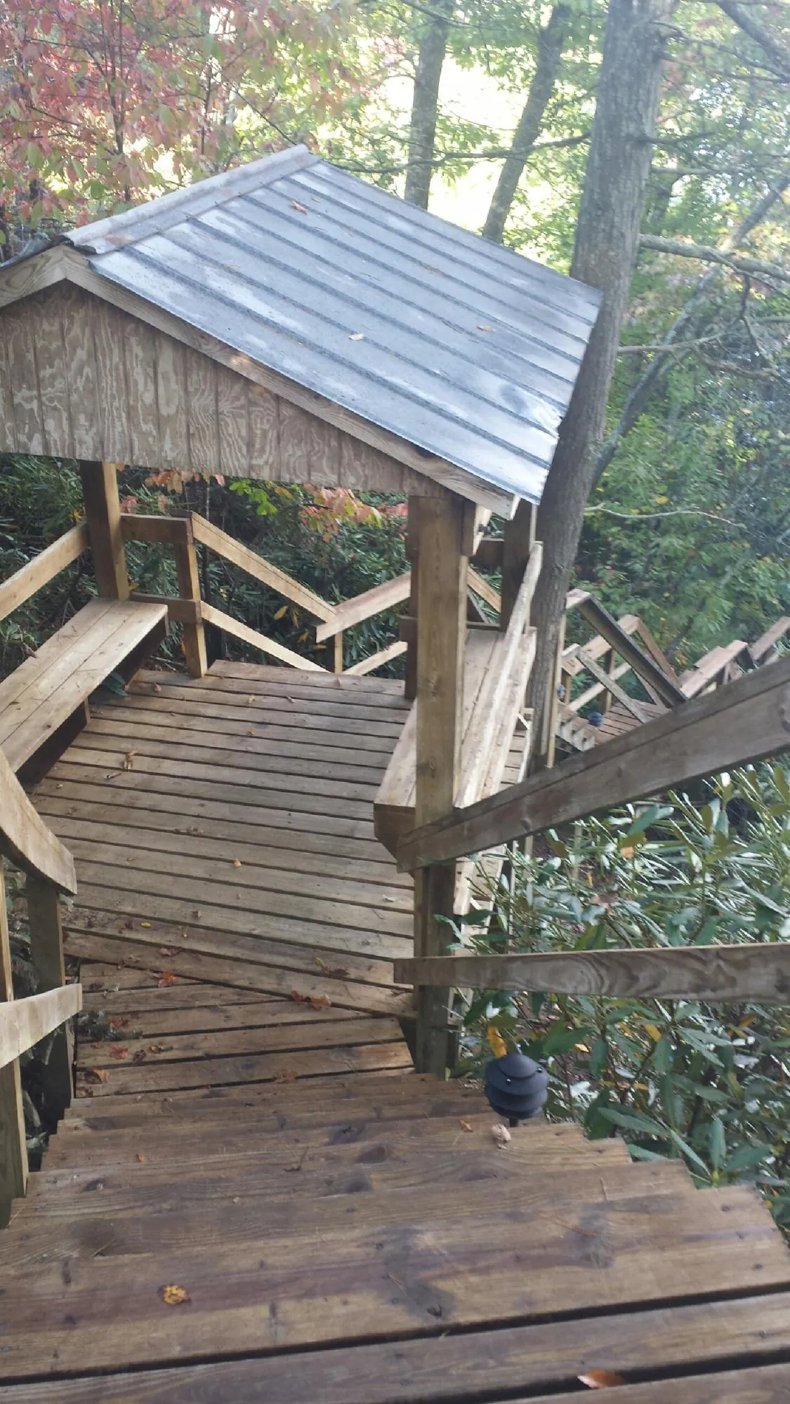 Metal roofed shelter over wooden steps on a wooded walkway — Skylight Repair & Installation work by our crew in Brantingham